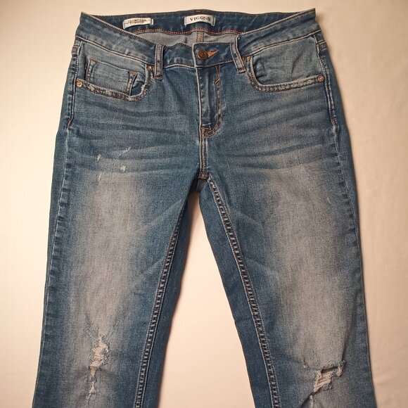 Vigoss Jeans Size 29/8 Thompson Tomboy Mid Rise Slim Leg Medium Wash Distressed - Picture 2 of 10